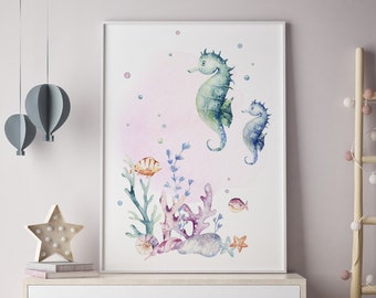 Seahorse Print for Nursery, Under the Sea Nursery Decor, Ocean Animals, Girls Bedroom, Boys Bedroom, Playroom Wall Art, Digital Download