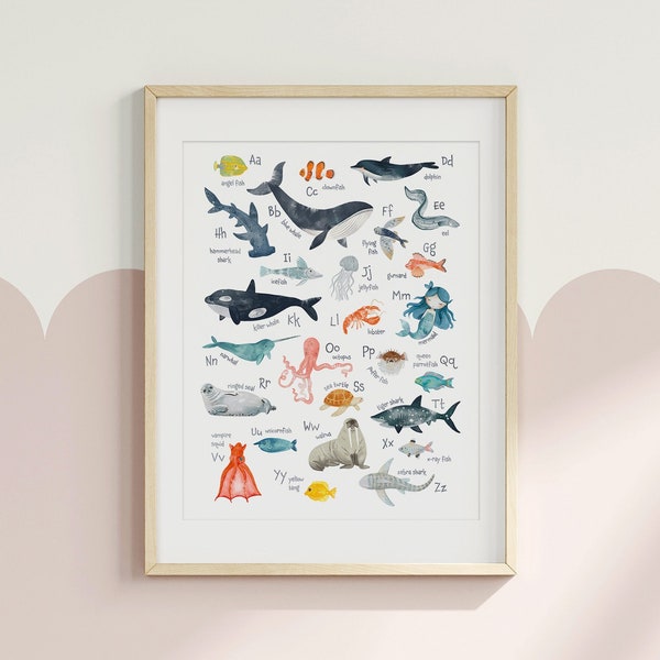 Custom - Mermaid and Ocean Animals Alphabet Poster, Mermaid Alphabet Nursery Print, Kids Bathroom Poster, Playroom Wall Art
