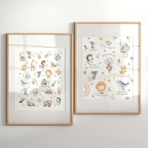 Ensemble de 2 oeuvres d'art mural pour chambre d'enfant alphabet et affirmations positives, affiche alphabet animaux, impressions d'apprentissage Montessori, oeuvre d'art bohème pour chambre d'enfant