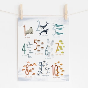 Póster de animales marinos con números, impresión de animales del océano del 1 al 10, decoración de pared para sala de juegos, lámina para guardería, pósteres educativos para niños, arte Montessori