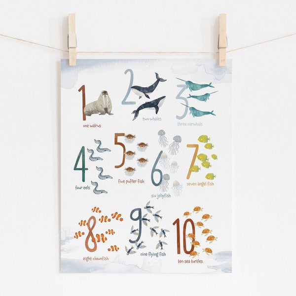 Sea Animals Numbers Digital Download, Ocean Animals Counting 1-10 Printable, Nursery Wall Art, Educational, Montessori, Home School Posters