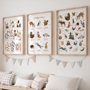 Lot de 2 ou 3 impressions pour chambre d'enfant des bois, lot d'affiches éducatives alphabet et chiffres avec animaux de la forêt, art mural Montessori