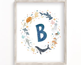 Ocean Monogram Nursery Print: Watercolor Sea Animals Initial Poster