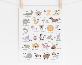Pastel Nursery Alphabet Poster, Neutral Nursery ABCs Wall Art, Scandinavian Style