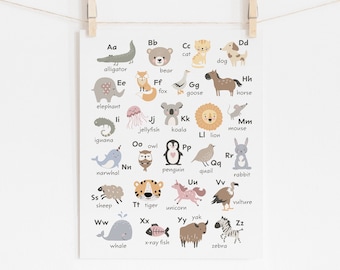 Boho Nursery Alphabet Poster, Minimal Animals Nursery Wall Art, ABC Playroom Print, Neutral Nursery Decor