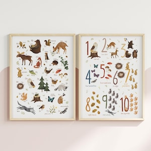Ensemble de 2 oeuvres d'art mural pour chambre d'enfant des bois, affiche éducative alphabet et chiffres pour tout-petits