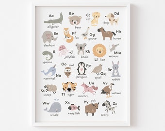 Alphabet Poster Digital, Cute Animal Alphabet Printable, Playroom Wall Art, Classroom Poster, Boho Nursery, Neutral, Pastel, Montessori