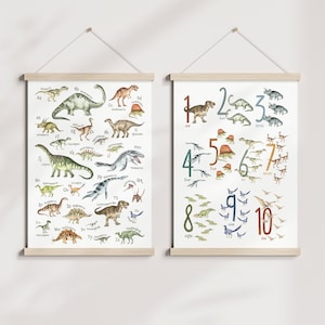 Ensemble de 2 affiches de chambre de bébé dinosaures, impressions d'art pour enfants, art mural alphabet et chiffres dinosaures, oeuvre d'art pour chambre de garçons, cadeau pour bébé
