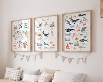 Ocean Nursery Prints Set of 2 or 3 , Children's Art Prints, Sea Animals Alphabet Wall Art Bundle, Posters for Baby Boys and Girls Room
