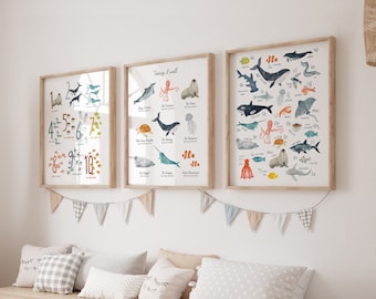 Ocean Animals Nursery Prints Bundle: Watercolor Alphabet Wall Art Set of 2 or 3