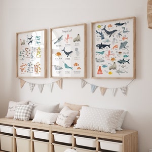 Ocean Nursery Prints Set de 2 o 3, Impresiones de arte para niños, Paquete de arte de pared del alfabeto de animales marinos, carteles para la habitación de bebés y niñas