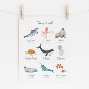 Poster affirmations positives, art mural affirmations pour enfants, affiche de chambre d'enfants animaux marins, art mural salle de bain pour enfants, nautique, Montessori