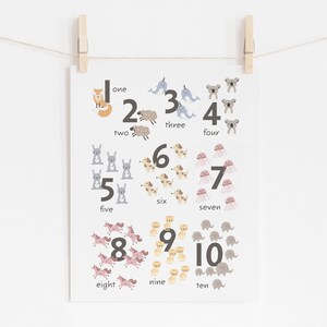 Póster de animales con números, lindos animales en colores pastel para contar, impresión del 1 al 10 para guardería, decoración de pared para sala de juegos, pósteres educativos para niños, arte de pared Montessori