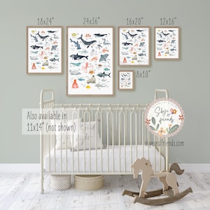 May include: A nursery art print featuring a watercolor illustration of various sea creatures, including a whale, octopus, and fish. The print is available in multiple sizes, including 18x24 inches, 24x36 inches, 16x20 inches, 12x16 inches, and 8x10 inches. The print is also available in 11x14 inches, but is not shown in the image. The print is framed in a simple wooden frame.
