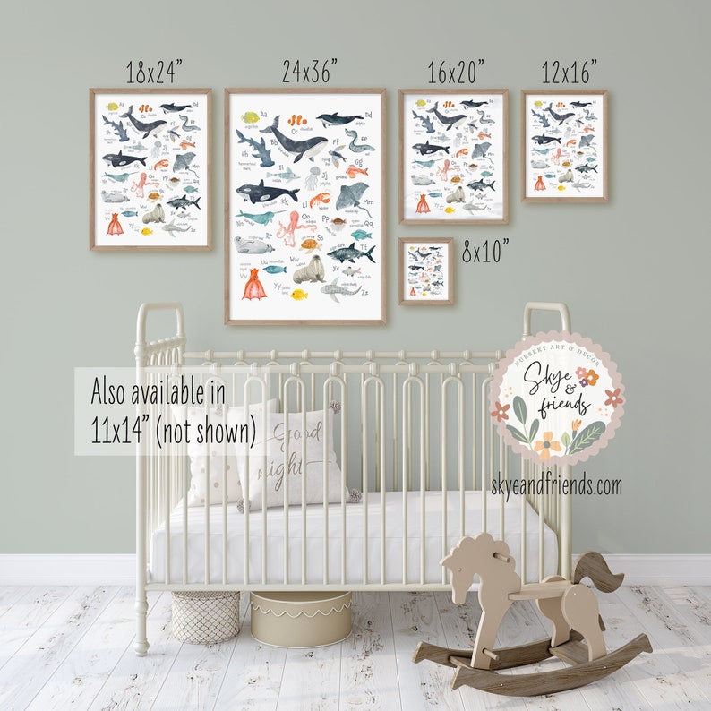 May include: A nursery art print featuring a watercolor illustration of various sea creatures, including a whale, octopus, and fish. The print is available in multiple sizes, including 18x24 inches, 24x36 inches, 16x20 inches, 12x16 inches, and 8x10 inches. The print is also available in 11x14 inches, but is not shown in the image. The print is framed in a simple wooden frame.