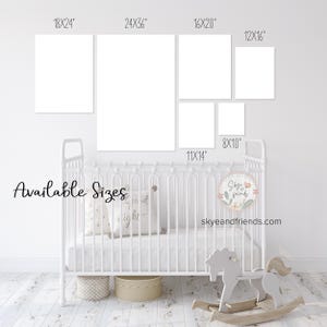 May include: A white crib with a rocking horse and decorative pillows. Above the crib, there are several blank rectangular canvases in various sizes: 18x24", 24x36", 16x20", 12x16", 11x14", and 8x10". The text "Available Sizes" is displayed.