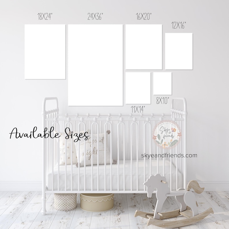 May include: A white crib with a rocking horse and decorative pillows. Above the crib, there are several blank rectangular canvases in various sizes: 18x24", 24x36", 16x20", 12x16", 11x14", and 8x10". The text "Available Sizes" is displayed.