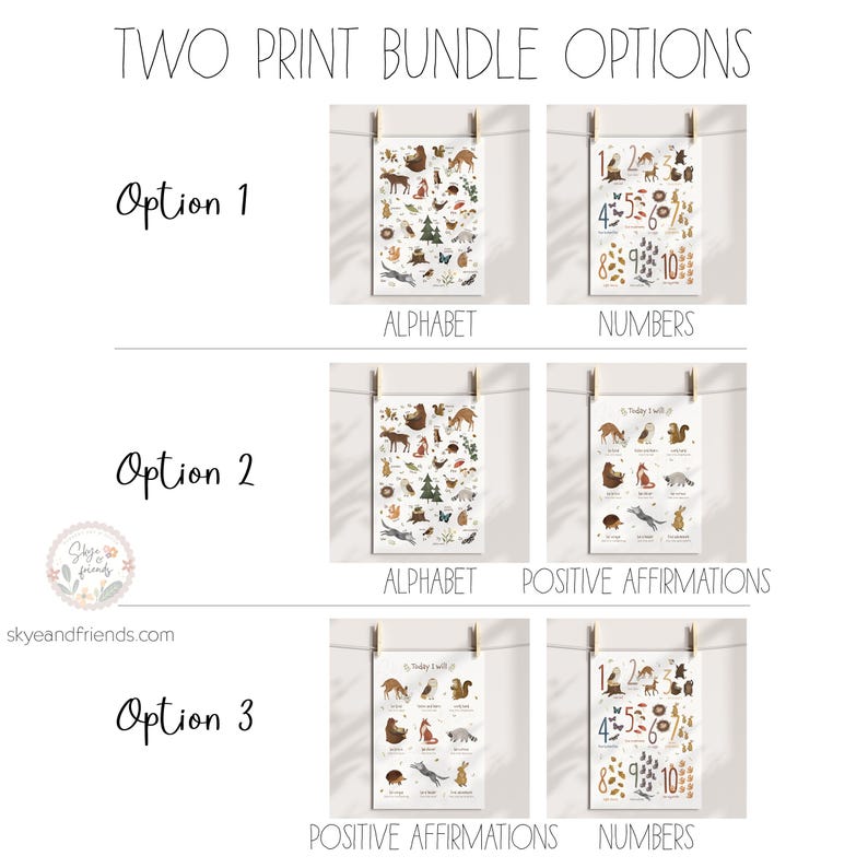May include: Three printable poster options for children's education. Option 1 includes an alphabet poster and a numbers poster. Option 2 includes an alphabet poster and a positive affirmations poster. Option 3 includes a positive affirmations poster and a numbers poster.