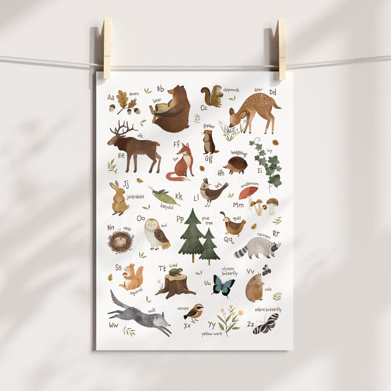 Woodland Nursery Alphabet Wall Art with Forest Animals