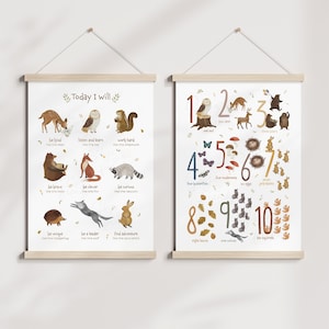 May include: Two illustrated posters with a woodland theme. The left poster features animals and the text "Today I will" with phrases like "be kind", "be brave", and "be unique". The right poster features numbers 1 through 10 with corresponding illustrations of animals and objects.