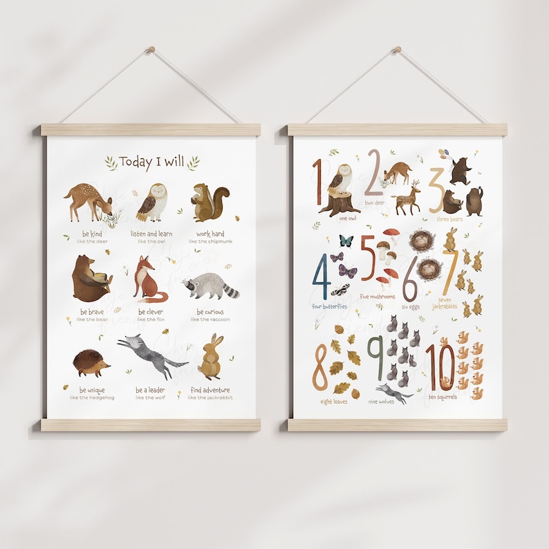 May include: Two illustrated posters with a woodland theme. The left poster features animals and the text "Today I will" with phrases like "be kind", "be brave", and "be unique". The right poster features numbers 1 through 10 with corresponding illustrations of animals and objects.