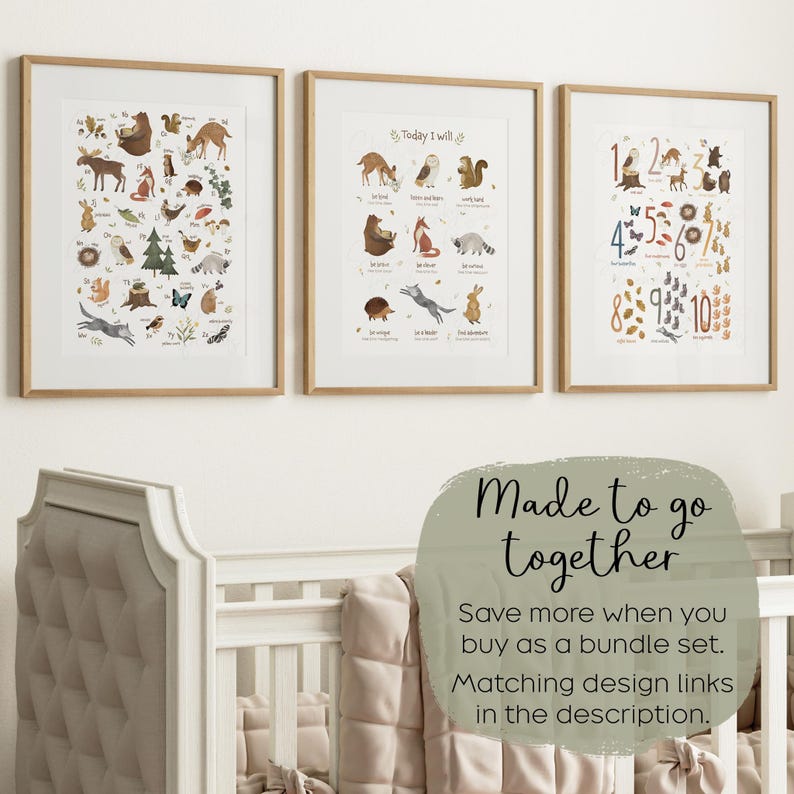 May include: Three framed prints with a woodland theme. The first print features a variety of animals and plants with their names listed below. The second print features a deer, owl, squirrel, and other animals with the text "Today I will" at the top. The third print features numbers 1 through 10 with illustrations of animals and plants.