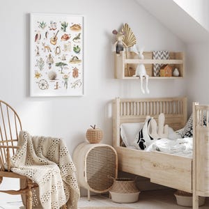 May include: A children's bedroom scene with a framed alphabet print, a wooden bed, and a woven chair. The print features watercolor illustrations of objects. A woven blanket and a small side table with a woven front add to the room's decor.