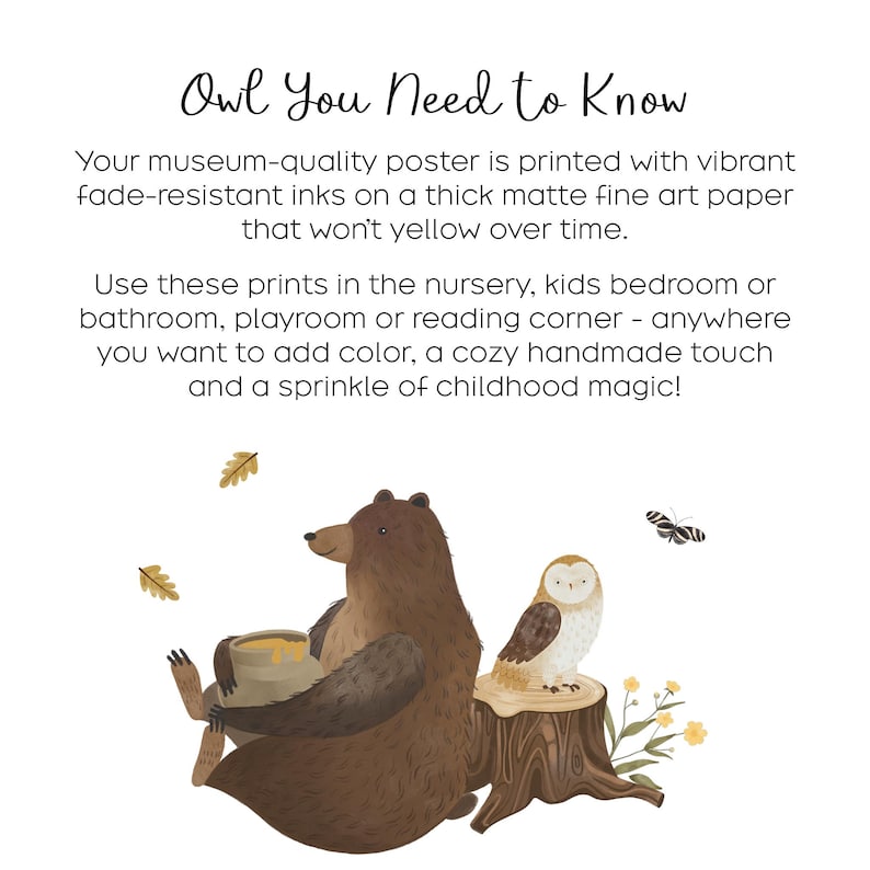 May include: A brown bear with a pot of honey sits next to a white owl perched on a tree stump. The background features yellow flowers, green leaves, and a butterfly. The text "Owl You Need to Know" is at the top of the image.
