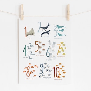 May include: A colorful educational poster featuring ocean animals and numbers 1 through 10. The poster includes illustrations of a walrus, whales, narwhals, eels, puffer fish, jellyfish, angel fish, clownfish, flying fish, and sea turtles.