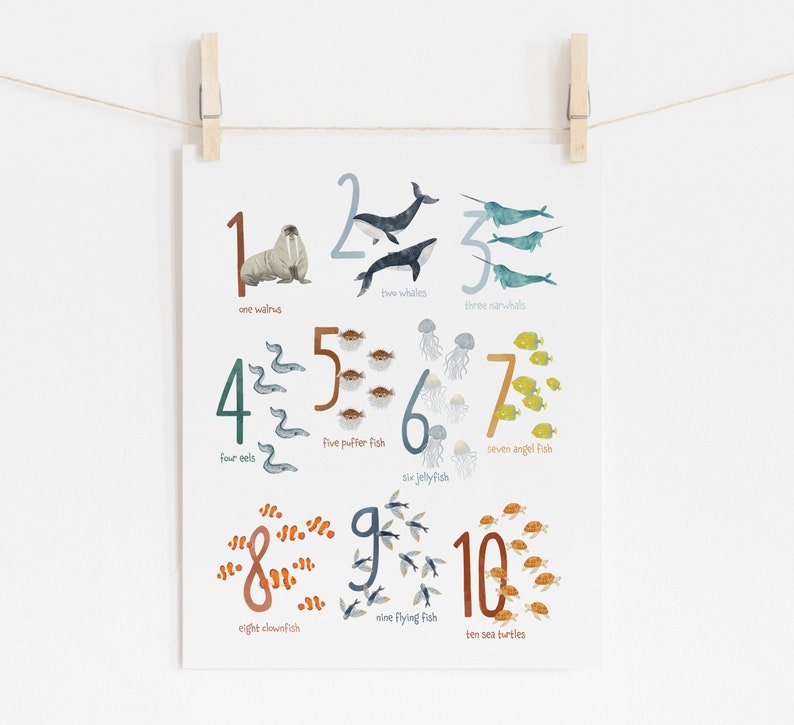 May include: A colorful educational poster featuring ocean animals and numbers 1 through 10. The poster includes illustrations of a walrus, whales, narwhals, eels, puffer fish, jellyfish, angel fish, clownfish, flying fish, and sea turtles.