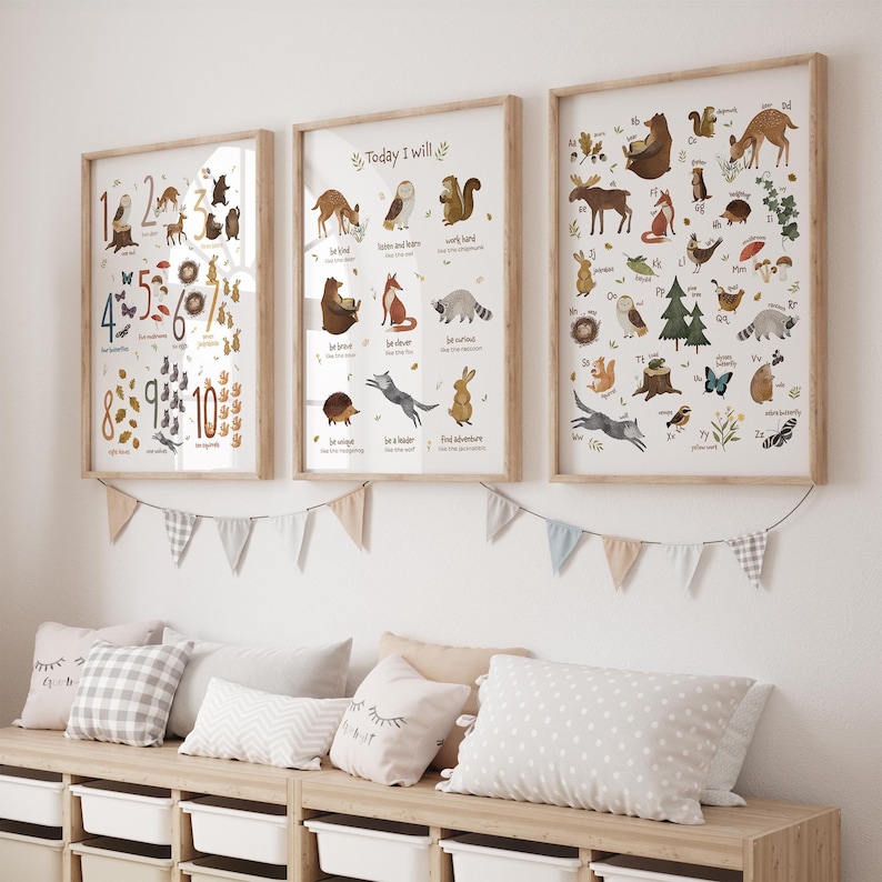 Woodland Nursery Prints Bundle with alphabet, numbers and positive affirmations