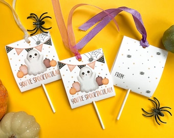 Halloween Printable Lollipop Holder, Halloween Digital Cards, Kids Classroom Exchange Printable, Candy Holder Cards, Editable Favor Tags