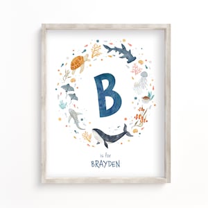 Personalized Ocean Animals Initial Print: Watercolor Sea Themed Nursery Decor