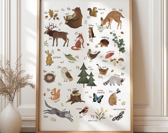 Woodland Themed Nursery Alphabet Print with Forest Animals, Educational Kids Posters, Montessori Wall Art