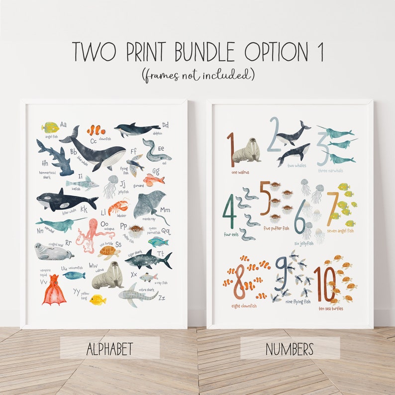 May include: Two printable posters featuring ocean animals. The first poster is an alphabet chart with illustrations of sea creatures for each letter. The second poster is a number chart with illustrations of sea creatures for each number. Both posters have a white background with colorful illustrations.