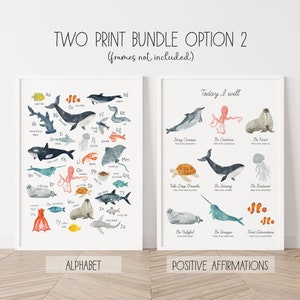 May include: Two printable posters featuring ocean-themed illustrations. The first poster is an alphabet chart with colorful sea creatures and the letter they represent. The second poster features positive affirmations with sea creatures and phrases like "Stay Curious like the dolphin" and "Be Kind like the walrus".