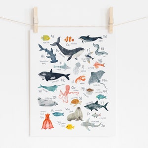 May include: A colorful alphabet chart featuring ocean animals, with each letter paired with an animal and its name. The animals include a whale, octopus, dolphin, shark, turtle, and more.