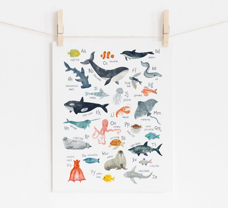 May include: A colorful alphabet chart featuring ocean animals, with each letter paired with an animal and its name. The animals include a whale, octopus, dolphin, shark, turtle, and more.