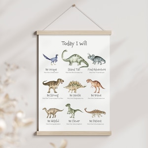 Poster affirmations positives de dinosaures, art mural affirmations pour enfants, affiche de chambre de bébé dinosaure, décoration de salle de bain pour enfants, art pour coin calme