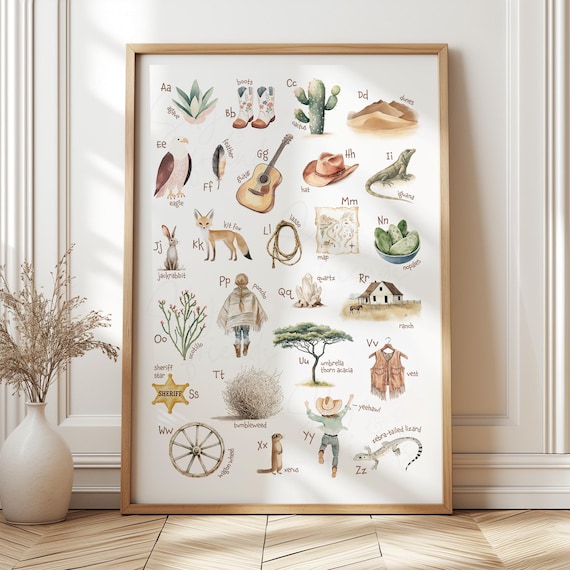 Western Nursery Alphabet Print, Cowgirl ABC Art Poster, Girls Room Decor, Unframed