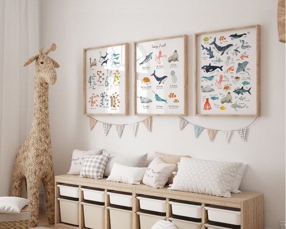 Ocean Animals Nursery Prints Bundle: Watercolor Alphabet Wall Art Set of 2 or 3