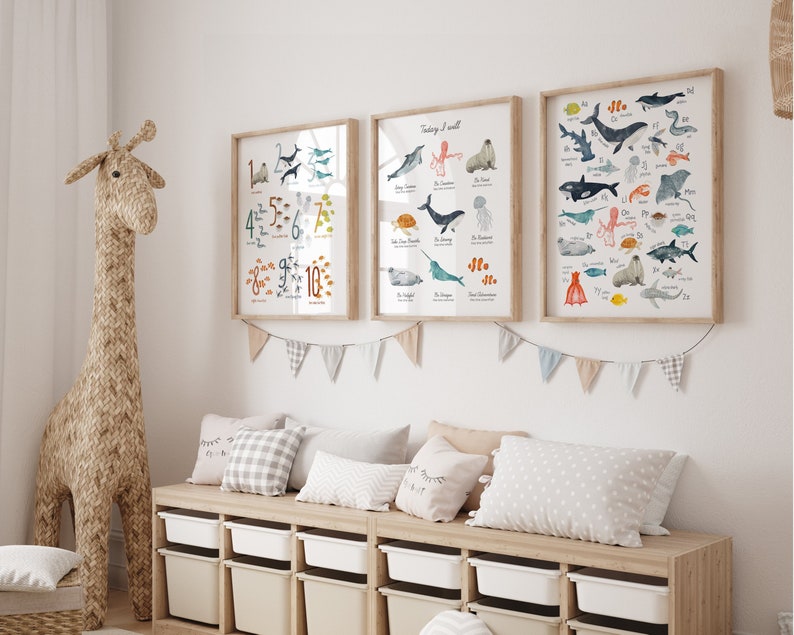 Ocean Animals Nursery Prints Bundle Set of 3 with Alphabet, Numbers and Positive Affirmations.