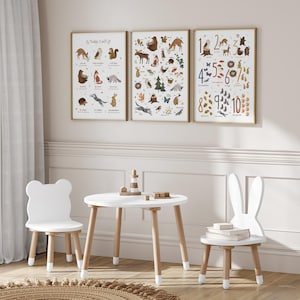 May include: A white wooden table and two chairs with bunny and bear ear accents. The table has a white top and wooden legs. The chairs have white seats and wooden legs. There are three framed posters on the wall behind the table. The posters feature illustrations of animals and numbers.
