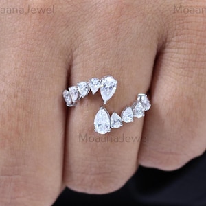 Pear Cut Moissanite Bypass Ring: Sterling Silver Engagement Ring