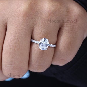 Oval Cut Moissanite Hidden Halo Ring, 18K Solid White Gold Solitaire With Accent Ring, Wedding Ring, Proposal Ring, Anniversary Gift For Her