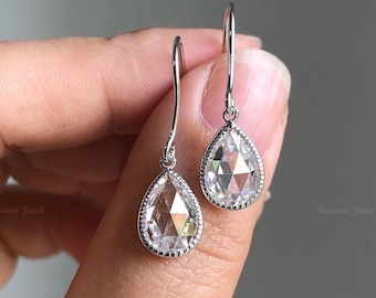 Rose Cut Pear Moissanite Earrings: Sterling Silver Teardrop Dangle