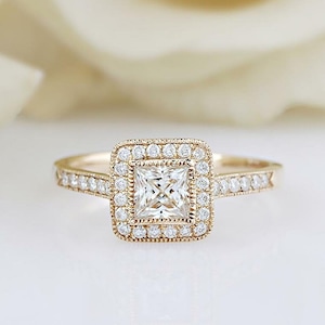 Princess Cut Moissanite Art Deco Ring, 18K Solid Yellow Gold Solitaire With Accent Ring, Engagement Ring, Vintage Ring, Tulip Setting Ring