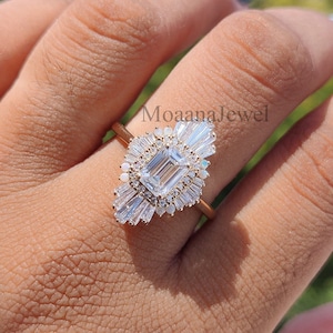 Emerald Cut Moissanite Art Deco Ring: 14K Yellow Gold Starburst Halo