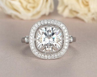 Cushion Cut Halo Moissanite Art Deco Engagement Ring,Art Deco Wedding Ring,Vintage Style Ring,Huge Cushion Diamond Ring,Cushion Cut Ring