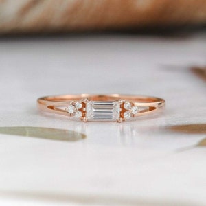 East West Emerald Cut Moissanite Cluster Ring, 14K Solid Rose Gold Split Shank Engagement Ring, Dainty Women Ring, Anniversary Gift For Her